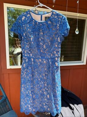 Adrianna Papell Blue Lace Sheath Dress with Nude Lining